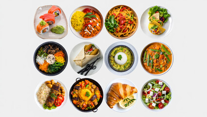 A grid of twelve international dishes, showcasing sushi, curry, pasta, tacos, and more, meticulously styled and lit.