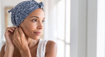 Woman adjusting earring while looking out of window in bright room  