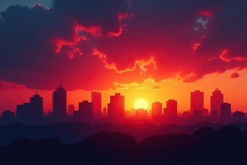 Fototapeta premium Silhouetted buildings against fiery sunset backdrop , landscape, architecture, city