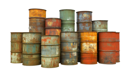 Collection of Colorful, Weathered Metal Drums in Various Tones on a Transparent Background