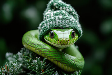 Fototapeta premium Green snake wearing a knitted hat