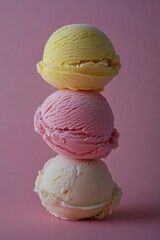Three pastel-colored ice cream scoops, yellow, pink, and pale yellow, stacked on a pink background