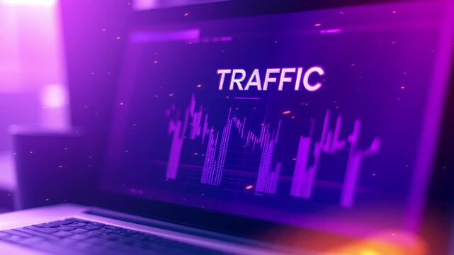 A close-up of an open laptop with graphs and data visualizations on the screen, displaying traffic business