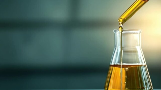 Golden Liquid Pouring: The mesmerizing allure of a rich, golden liquid delicately cascading into a glass flask, capturing the essence of scientific precision and the art of alchemy.