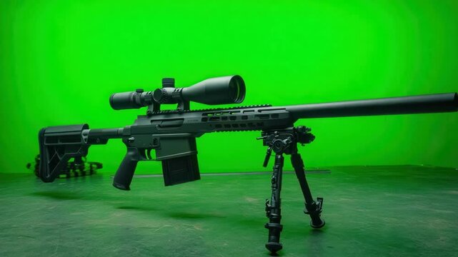 Precision rifle displayed against vibrant green screen backdrop with studio setup
