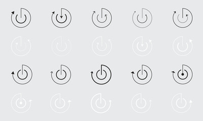 Power, Restart, Reboot, and Reset Icons in Motion. The icons transition from solid to transparent, representing stages of power cycles, refresh, and transformation.