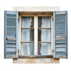 Weathered blue shutters flank a vintage, multi-paned window with sheer curtains, set within a worn stone frame