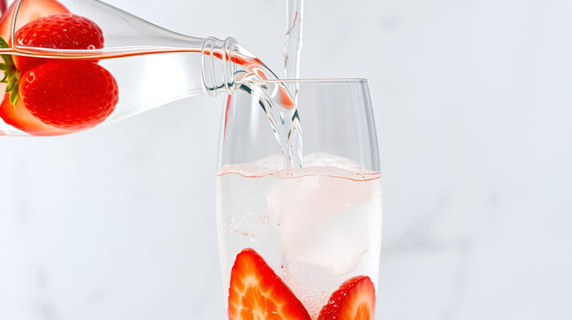 Fruit sparkling water is poured into a glass.