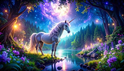 Majestic Unicorn in a Mystical Forest by a Serene Lake