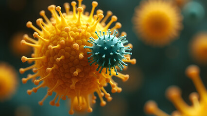 Golden coccus bacterium attacked by spiral-appendage virus, extreme microscopic detail with glowing edges.
