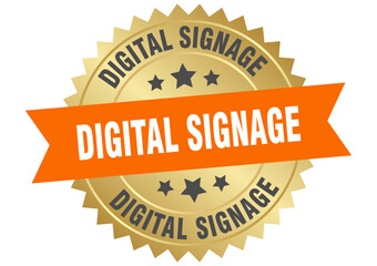 digital signage. digital signage round orange and gold label isolated on transparent background
