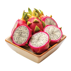 Dragon Fruit in a Ceramic Serving Dish: Sliced dragon fruit placed in a flat ceramic serving dish, PNG