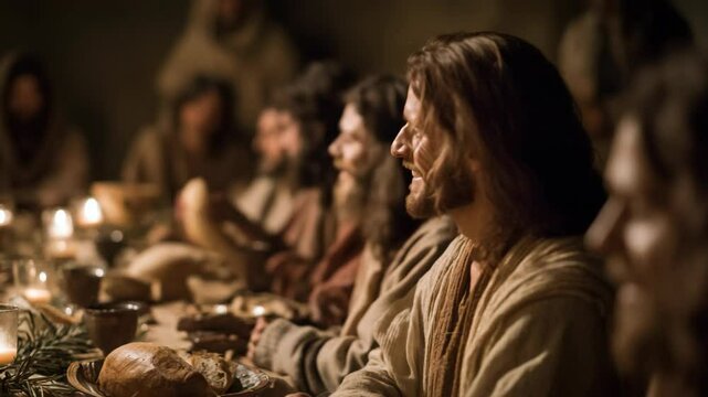 smiling Jesus Christ at he last supper dinner with other apostles his friend , cheerful happy atmosphere 