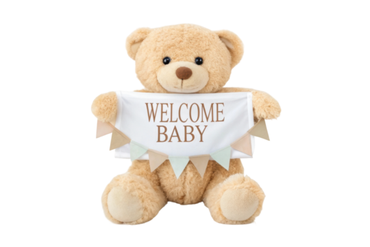 PNG Adorable teddy bear holding 'welcome baby' banner with pastel flags