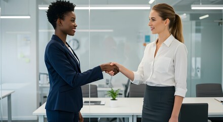 Two professional women facing each other and clasping hands