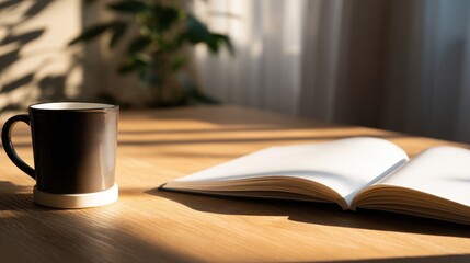 A serene morning scene featuring a coffee cup beside an open book on a wooden table with sunlight