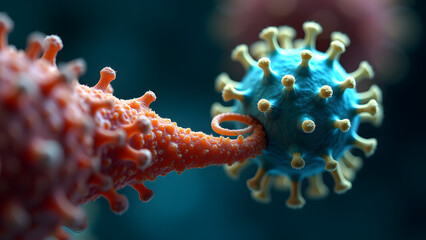 Folded vibrio bacterium confronted by star-spiked icosahedral virus, extreme microscopic clash of forms.