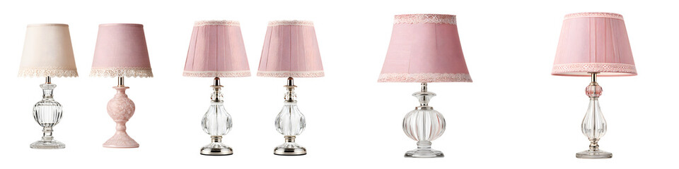 An assortment of sophisticated and stylish pink table lamps featuring glass crystal and decorative shades for a refined and harmonious interior design