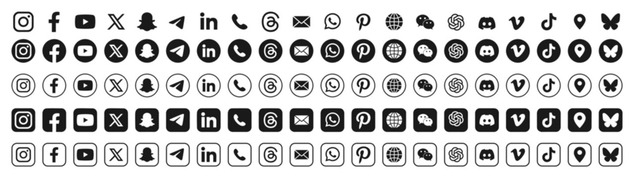 Latest updated social media & contact icons set 2025 in black & white. BlueSky, Instagram, Facebook, WhatsApp, X (twitter), LinkedIn, YouTube, TikTok, Phone, Email, Location, Website. Vector logos