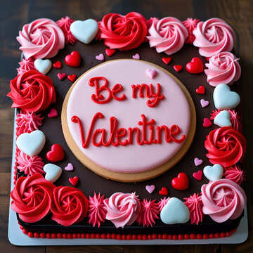 Romantic Valentine's Day Square Cake with Pink Cookie Topper and Heart Decorations