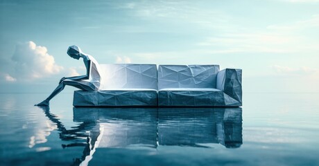 Figure sits upon polygonal sofa floating water. Calm scene evokes serenity, reflection visible below. Minimalist design dominates composition.