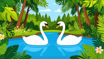 Obraz premium Two swans in a tropical garden setting.