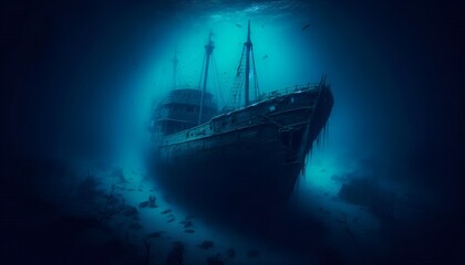 Obraz premium A sunken ship deep under the ocean with eerie lighting, symbolizing loss and forgotten history.