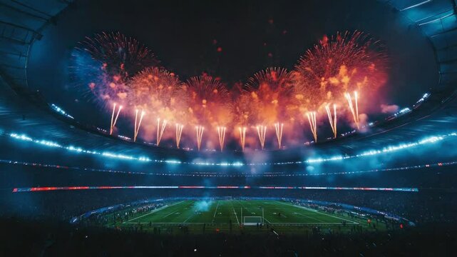 Spectacular fireworks display over a full sports arena at night celebration