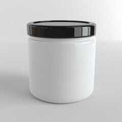 A clean, cylindrical white jar with a glossy black lid sits centered against a light grey background