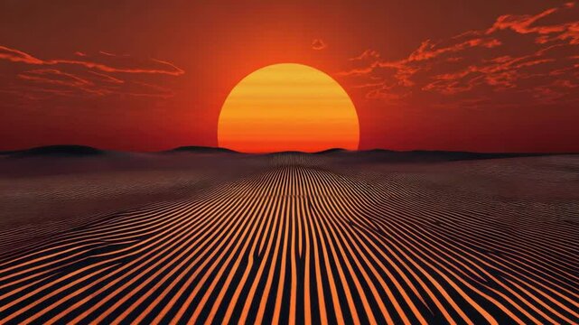 Striking Sunset over Abstract Desert Landscape with Parallel Line Patterns