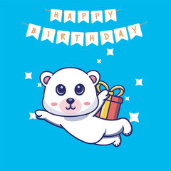 Delightful illustration of a flying cute white bear with a giftbox on this back, perfect for adding a touch for whimsy and joy to your design, suitable for various projects, from birthday cards.