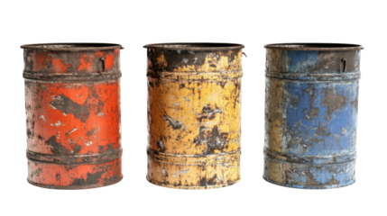 Three Weathered Metal Barrels in Red Yellow and Blue with Distressed Surfaces on Transparent Background