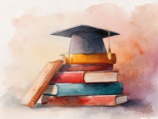 graduation cap and stacked books set against a soft watercolor backdrop, warm hues with ample space for personalized text, elegant and inspiring composition. High quality. High quality