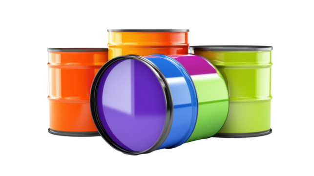 Vibrant Collection of Colorful Metal Paint Barrels Displayed in a Creative Arrangement
