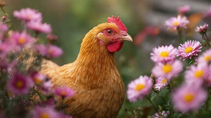 Close-Up of a Chicken Amidst Pink Daisy Flowers in Garden