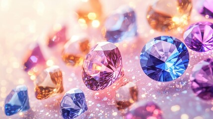 Sparkling gemstones of various cuts and pastel hues, scattered on a shimmering surface, illuminated by soft, warm light