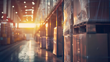 Fototapeta premium Logistics company warehouse with boxes, interior view warehouse activity background