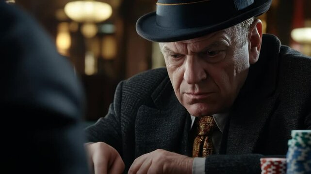 Intense poker game with suspenseful expressions and strategic moves