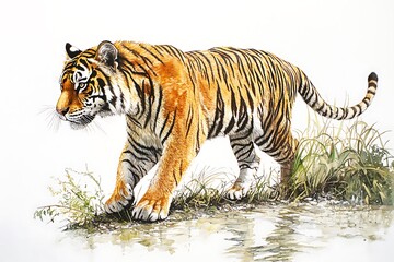Obraz premium Watercolor painting of a tiger walking through shallow water with grass on a white background