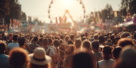 Crowds enjoying summer festivals, concerts, or fairs, capturing the communal and festive spirit of the season. 