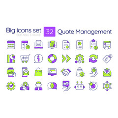 Quote management line color icons set. Workflow organization, documents. Price control, discount. Agreement, negotiation. Vector illustrations. Simple flat colorful symbols collection. Editable stroke
