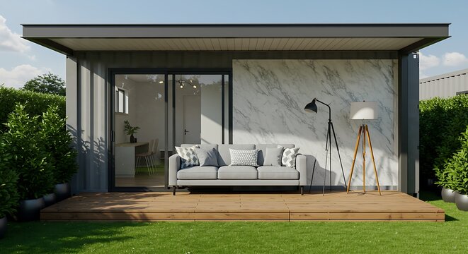 Modern Container Home with Outdoor Deck, Gray Sofa, and Marble Accent Wall