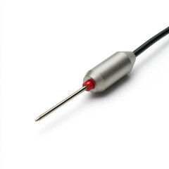 a close up of a metal object with a red tip