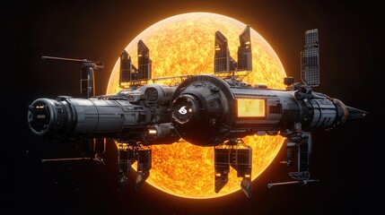 A futuristic spaceship is positioned in front of a bright sun, suggesting exploration, technology, and the potential for space travel and discovery in the cosmos.