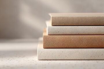 stack of vintage books on clean surface natural light casting soft shadows exuding warmth and nostalgia