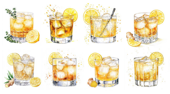 Set of whiskey cocktails with lemon slices, ginger root and ice in short glasses. Watercolor illustration of classic Penicillin cocktail. Alcoholic drink with scotch, honey and ginger. 