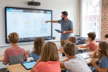 Fototapeta premium Modern classroom with students interacting via projector and digital devices, exploring educational apps under guidance of teacher with tablet, Selective Focus..