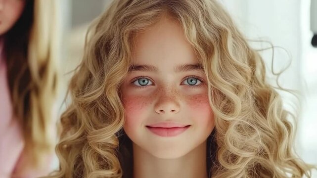 Radiant Beauty: A captivating close-up of a young girl with cascading golden curls and striking blue eyes, the camera capturing her innocent charm and natural beauty.