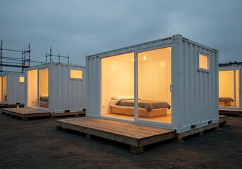 Modern Shipping Container Homes with Warm Interior Lighting at Dusk