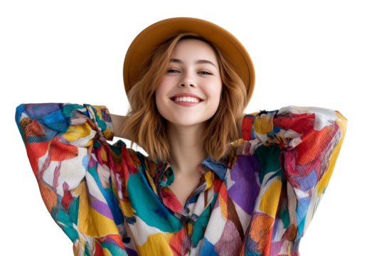 A cheerful woman in a colorful shirt and hat, smiling and enjoying life Isolated on transparent Background.